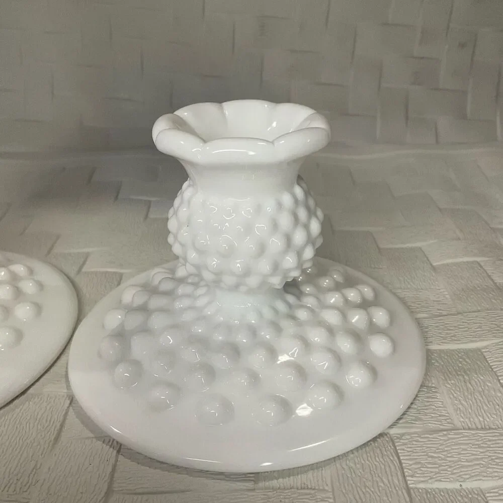Vintage‎ Fenton Hobnail 2 Piece Candle Holder Set White Milk Glass Romantic Gift